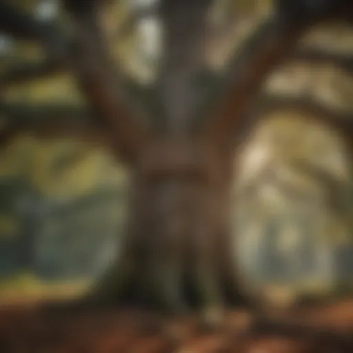 A majestic oak tree with a nameplate embedded in its trunk, symbolizing historical significance.