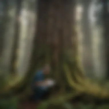 A researcher studying the biodiversity around a named tree in a lush forest, indicating ecological importance.