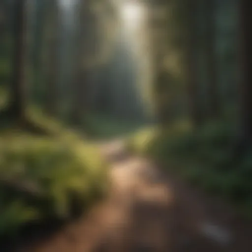 A panoramic view of a scenic trailhead nestled in dense forest.