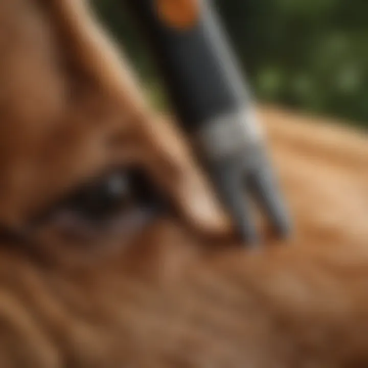 Close-up of tick removal tool on dog's skin