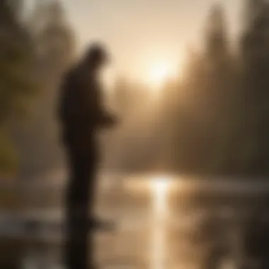 Silhouette of a fisherman casting a line into the water at dawn