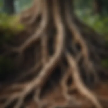 Close-up of intricate root system of a toe plant