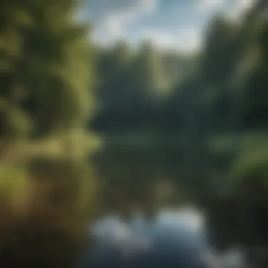 Tranquil lake surrounded by lush greenery, perfect for fishing