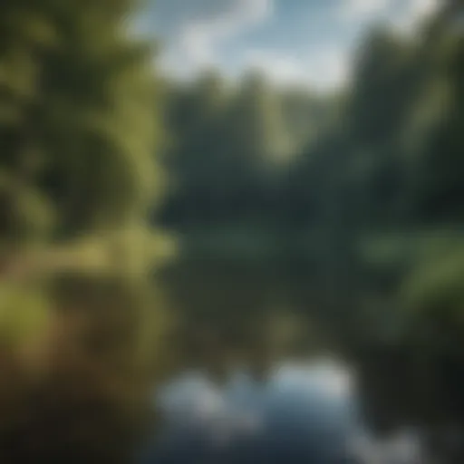 Tranquil lake surrounded by lush greenery, perfect for fishing