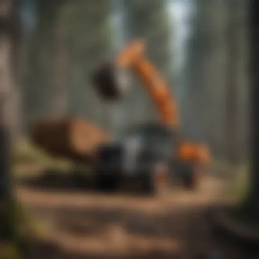 A trailer showcasing an advanced grapple loader in action at a logging site.