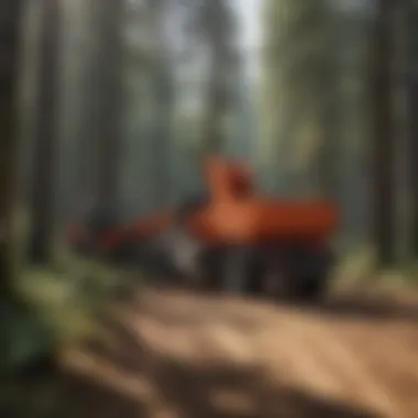 A forest landscape with a trailer equipped with a grapple loader amidst trees.