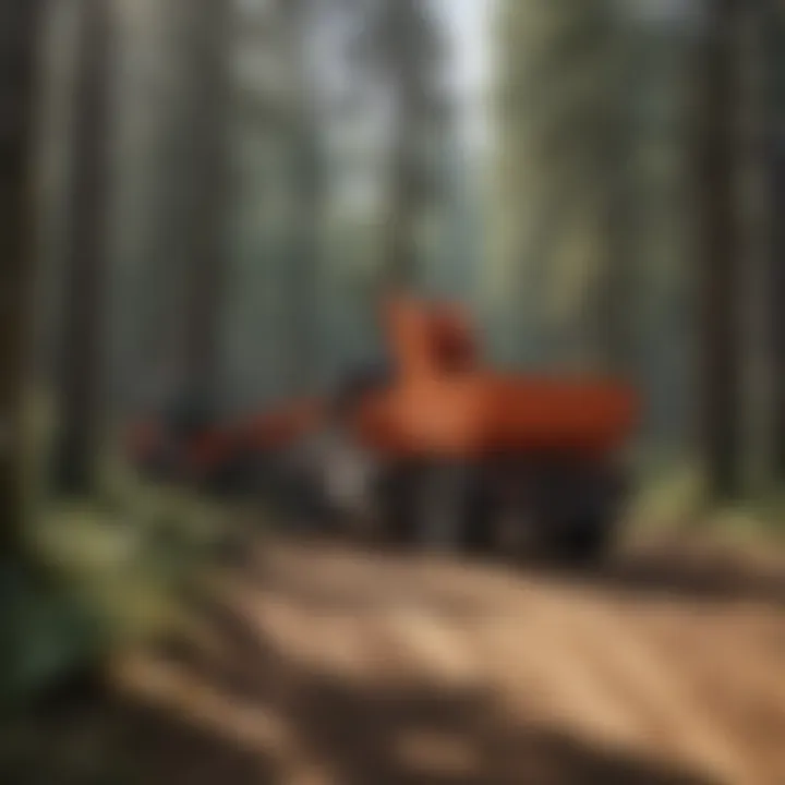 A forest landscape with a trailer equipped with a grapple loader amidst trees.