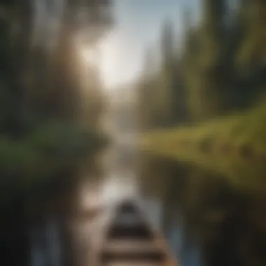A picturesque view of a canoe peacefully gliding through a tranquil river