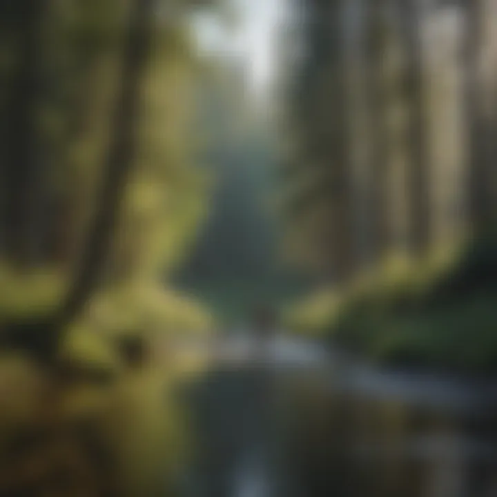 Fly fisherman casting in tranquil river surrounded by lush forests