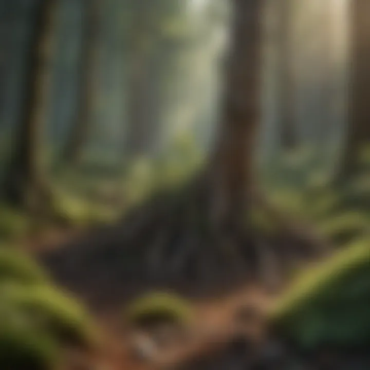 Roots of tree saplings interconnecting in a harmonious ecosystem