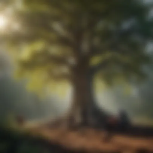 Artistic depiction of a tree being prepared for transplantation