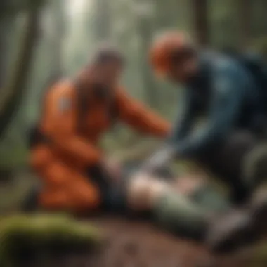 Emergency medical technician treating injured hiker in remote forest