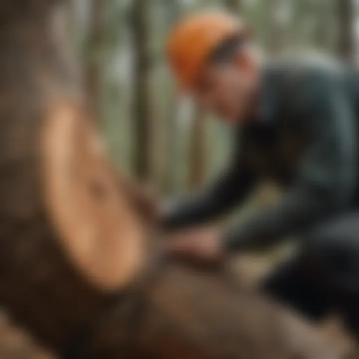Arborist examining wedge placement in a tree trunk