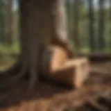 Two wedges placed between tree trunk and the ground