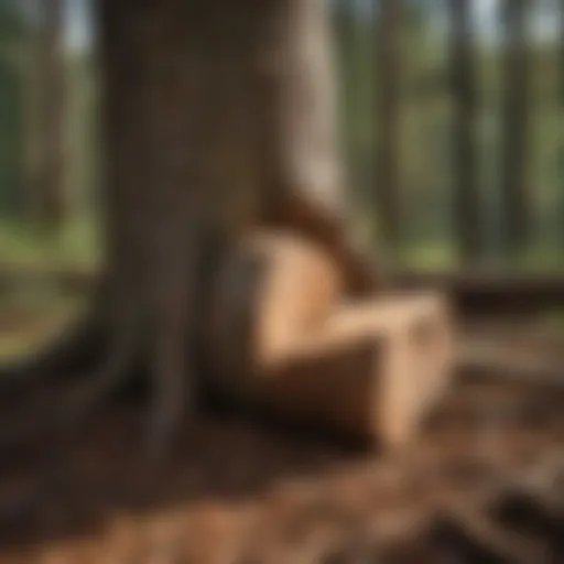 Two wedges placed between tree trunk and the ground