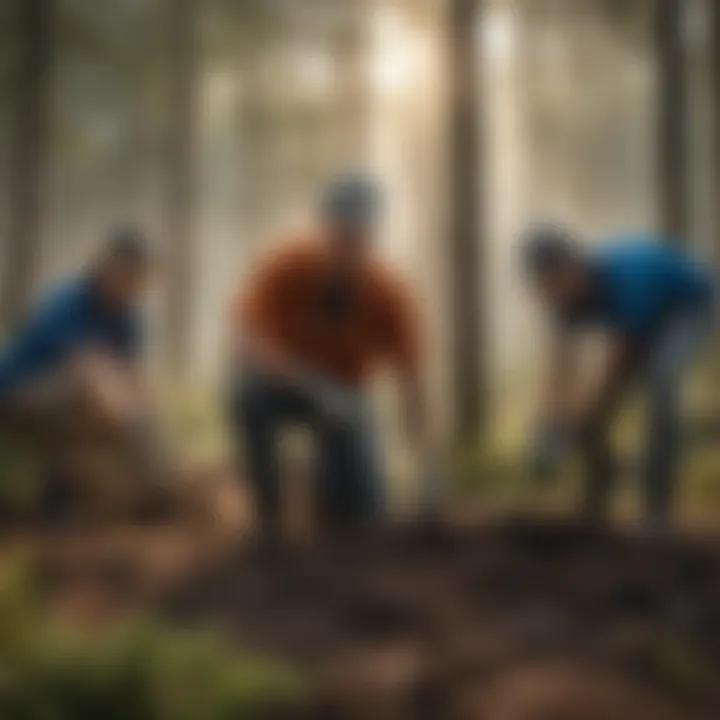 Illustration of a group of volunteers planting trees with a local conservation organization