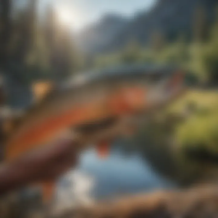 Bountiful Trout Fishing Catch in Idaho Trout caught on a line with beautiful Idaho landscape in the background