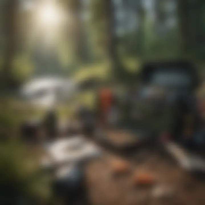 A variety of fishing gear and tackle laid out, essential for a successful fishing trip.