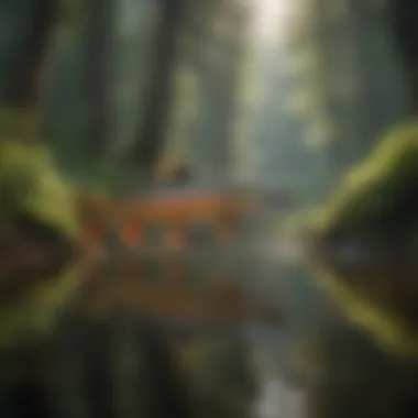 Tranquil Trout in Enchanting Forest Setting Trout in a serene forest pond surrounded by lush greenery
