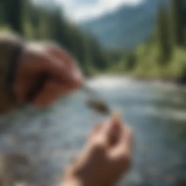 Close-up of a hand tying a fly onto the fishing line with the Kootenai River flowing in the background