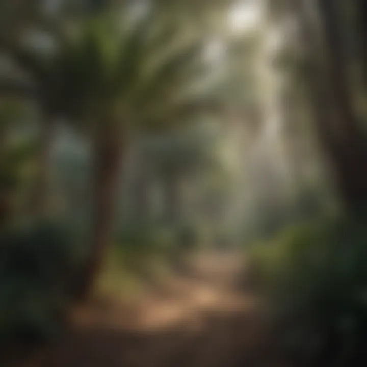 Natural habitat of fan palms in a lush forest setting