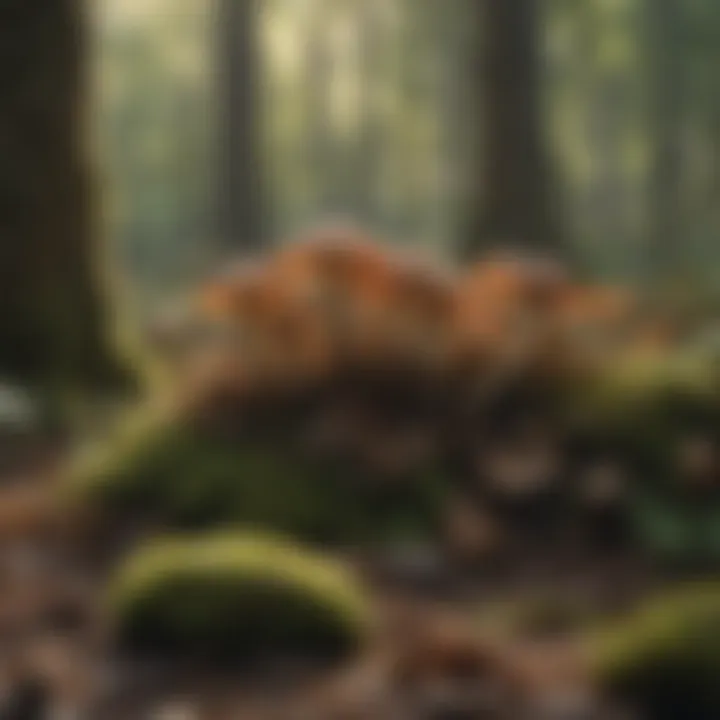 A variety of wild mushrooms in a lush Kentucky forest.