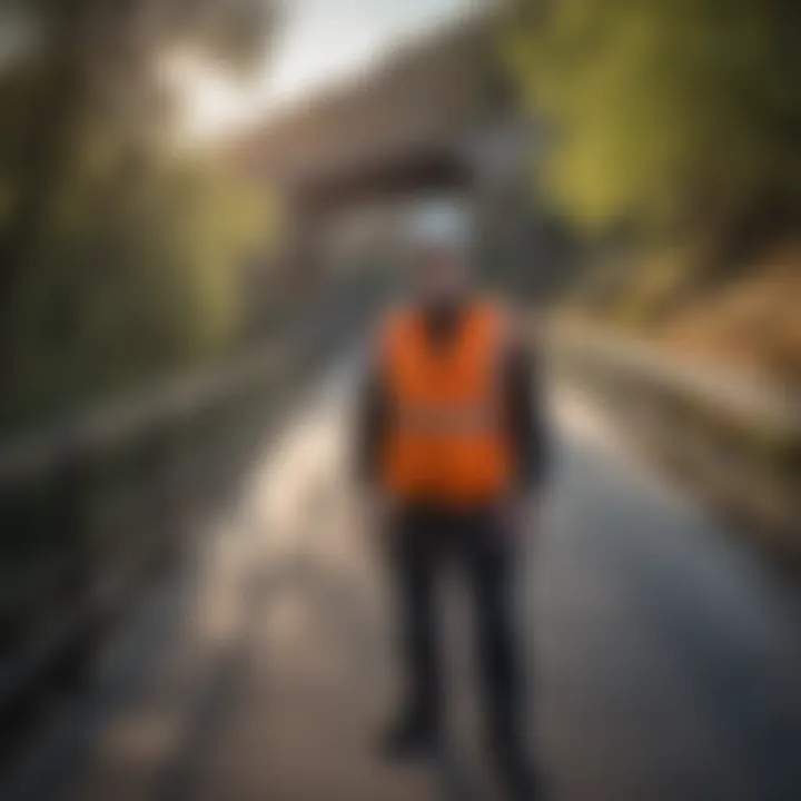An inspector examining the integrity of a bridge in an urban setting.