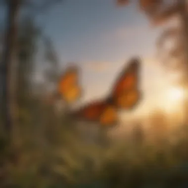 A captivating spectacle of monarch butterflies soaring through a sunset sky