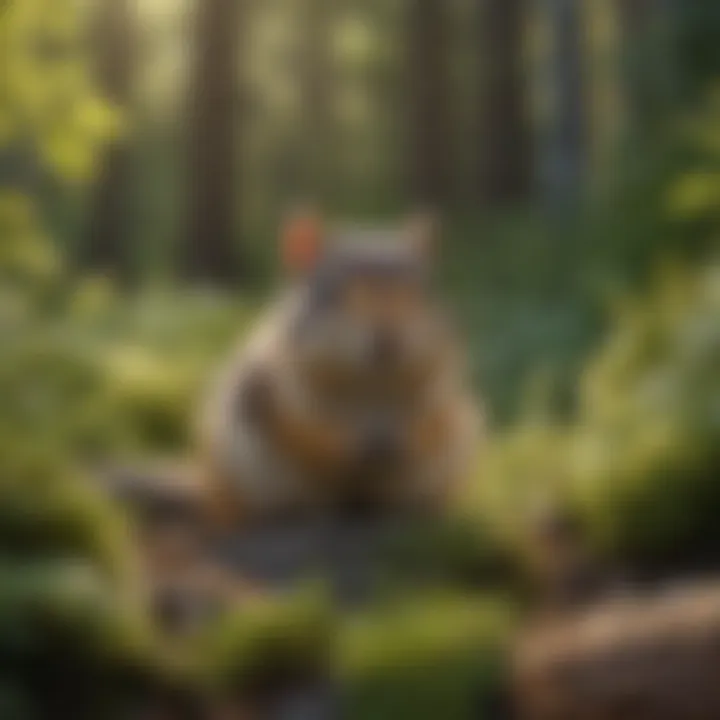 Chipmunk in Its Element Close-up view of a chipmunk in its natural habitat, surrounded by foliage.