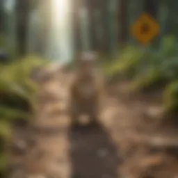 A picturesque scene of a chipmunk crossing a forest path beneath a warning sign.