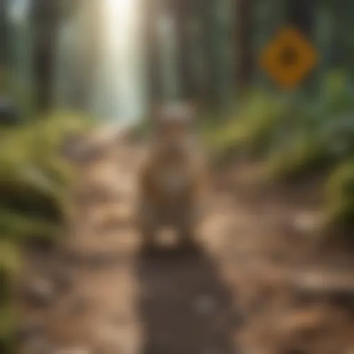 Chipmunk on the Move A picturesque scene of a chipmunk crossing a forest path beneath a warning sign.