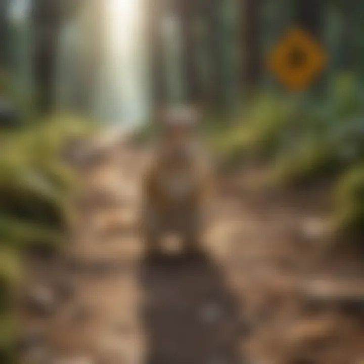 Chipmunk on the Move A picturesque scene of a chipmunk crossing a forest path beneath a warning sign.