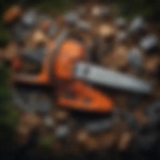 Electric chainsaw disassembled with parts labeled for identification