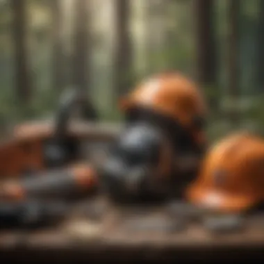 Safety equipment and tools laid out for chainsaw repair