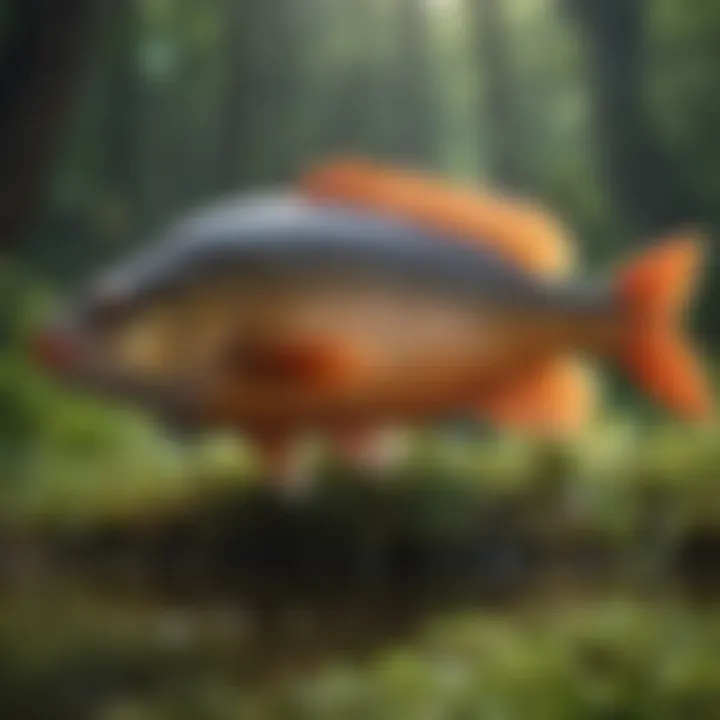 A close-up of a fish's diet showing aquatic plants and small organisms.