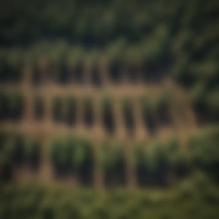 An aerial view of a reforestation project with workers planting trees
