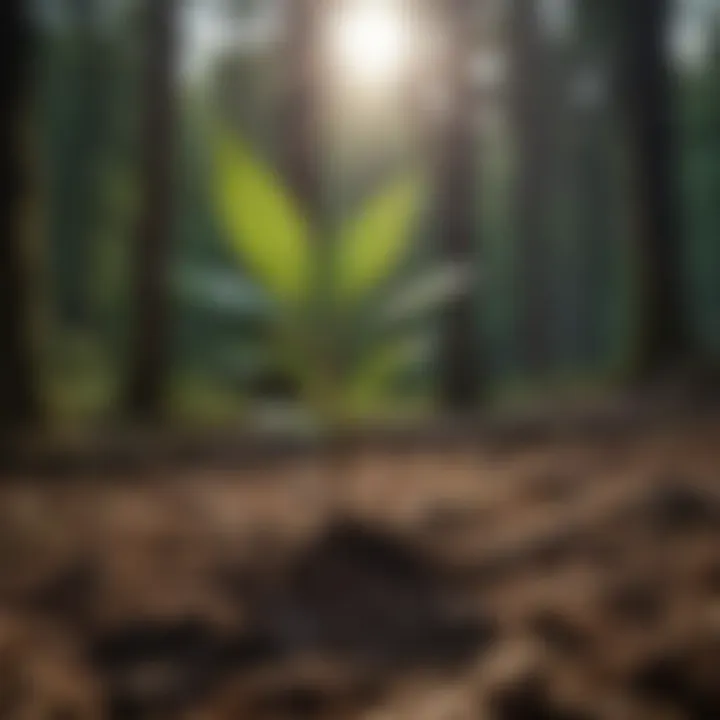 A close-up of a sapling growing in rich soil under sunlight