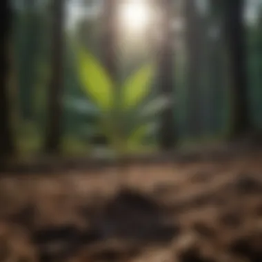 Nurturing New Life: Young Sapling A close-up of a sapling growing in rich soil under sunlight