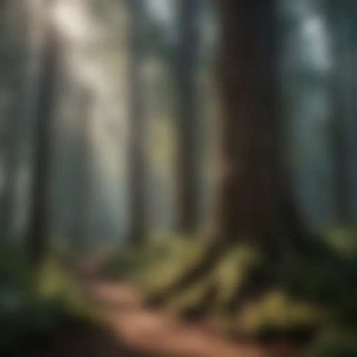 A tranquil forest scene illustrating the interplay of light and shadows among giant trees