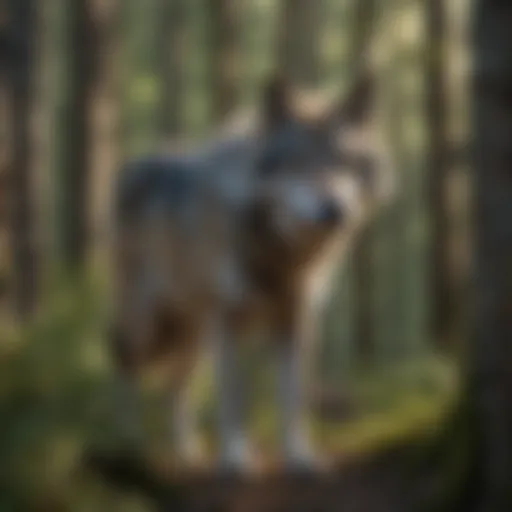 A grey wolf in its natural habitat, surrounded by dense forest.