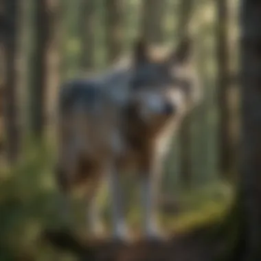 Grey Wolf in Dense Forest A grey wolf in its natural habitat, surrounded by dense forest.