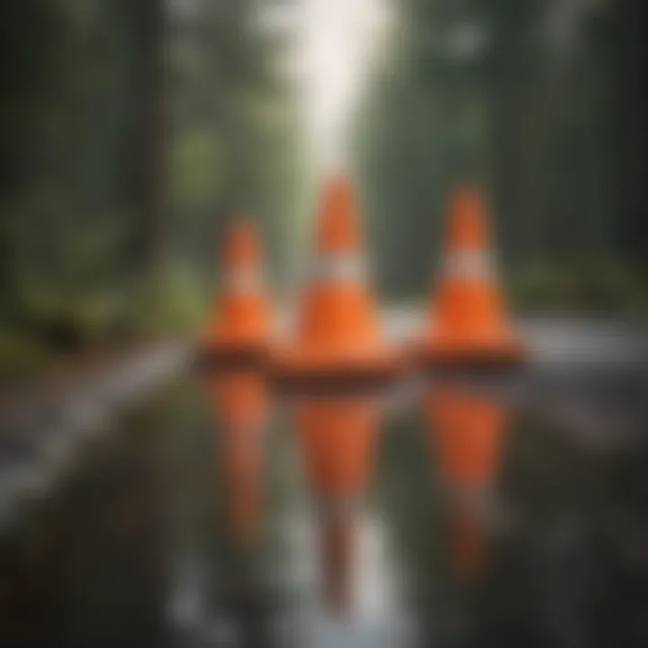 Close-up view of a long traffic cone highlighting its reflective properties.