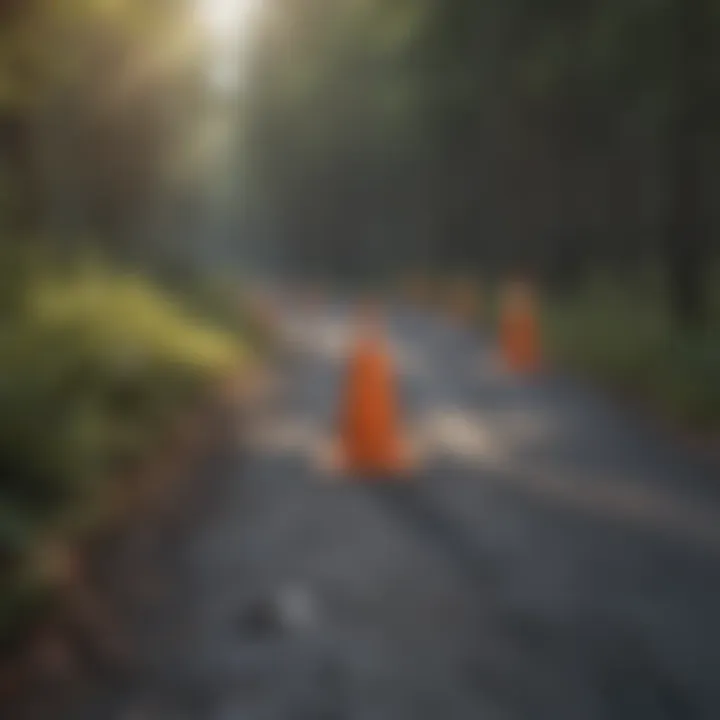 Long traffic cones positioned in a construction site to indicate safety zones.