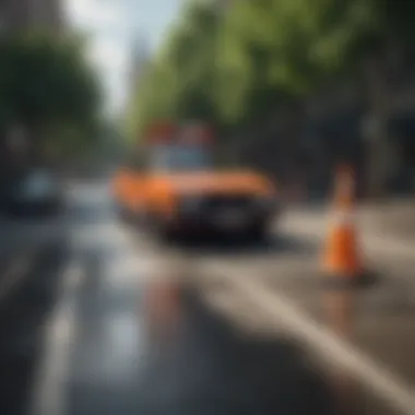 A long traffic cone in a busy urban area directing vehicle flow.