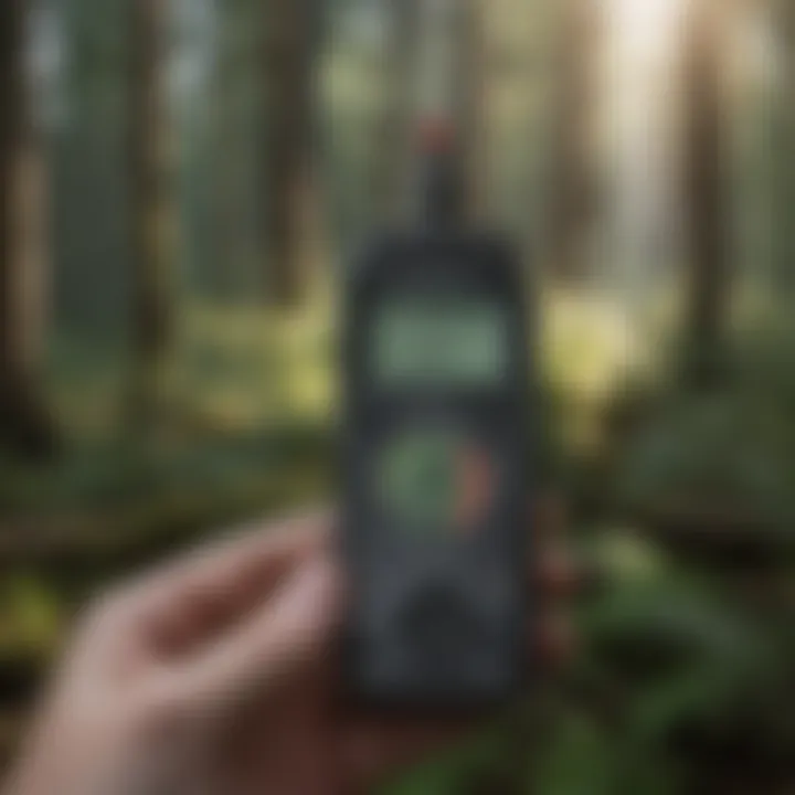Environmental scientists using maxima minima thermometers in a forest