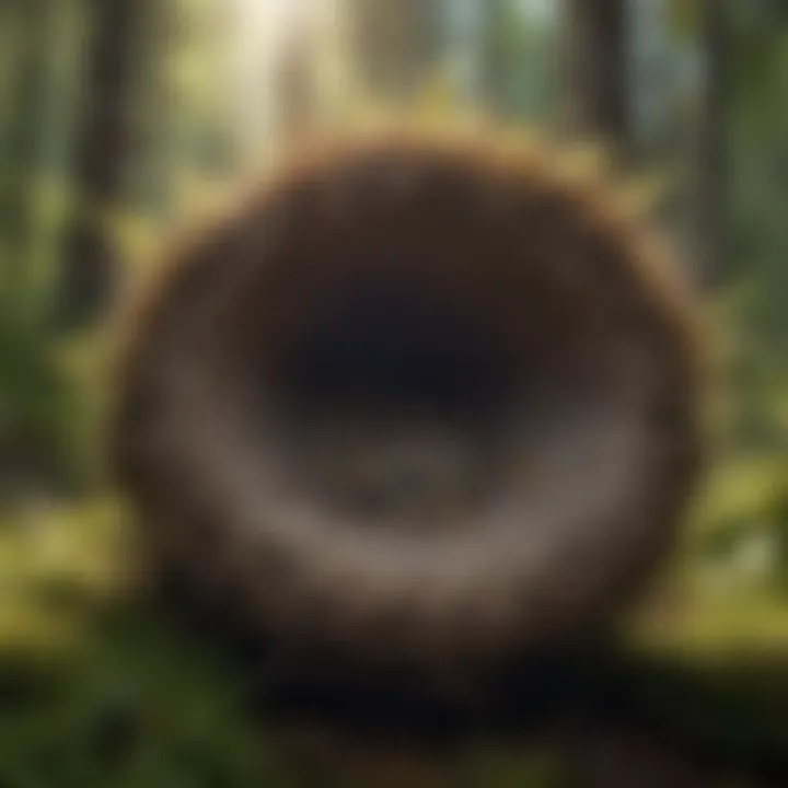 Close-up view of a wasp nest in a forest setting