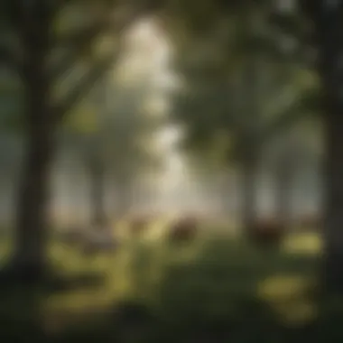 A lush landscape showcasing the integration of trees and livestock in a silvopastoral system.