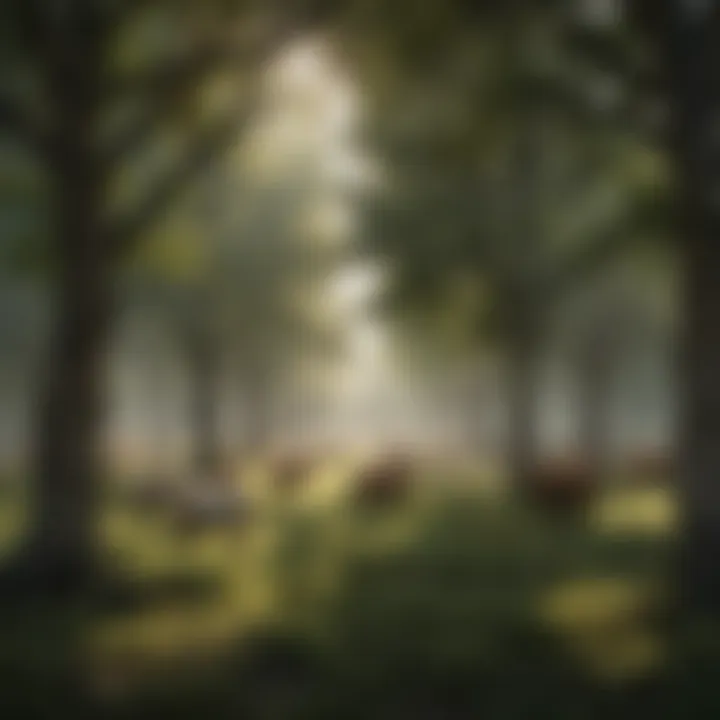 A lush landscape showcasing the integration of trees and livestock in a silvopastoral system.