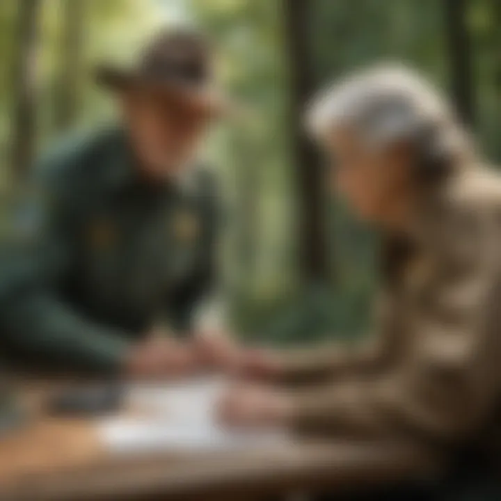 Park Ranger Assisting Seniors A close-up of a park ranger providing information to a senior visitor at a state park