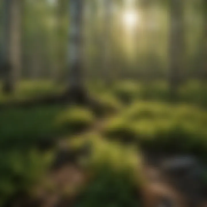 Close-up view of aspen saplings in a forest setting, showcasing their vibrant green leaves and slender stems.